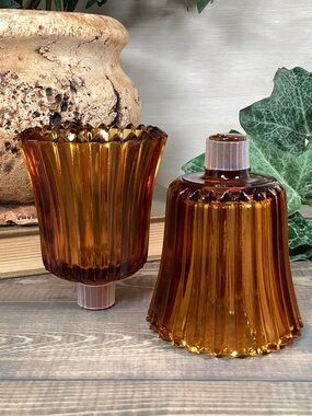Pair Vtg Homco Amber Ribbed Sawtooth Glass Peg Votive Candle Cup Sconce Holder